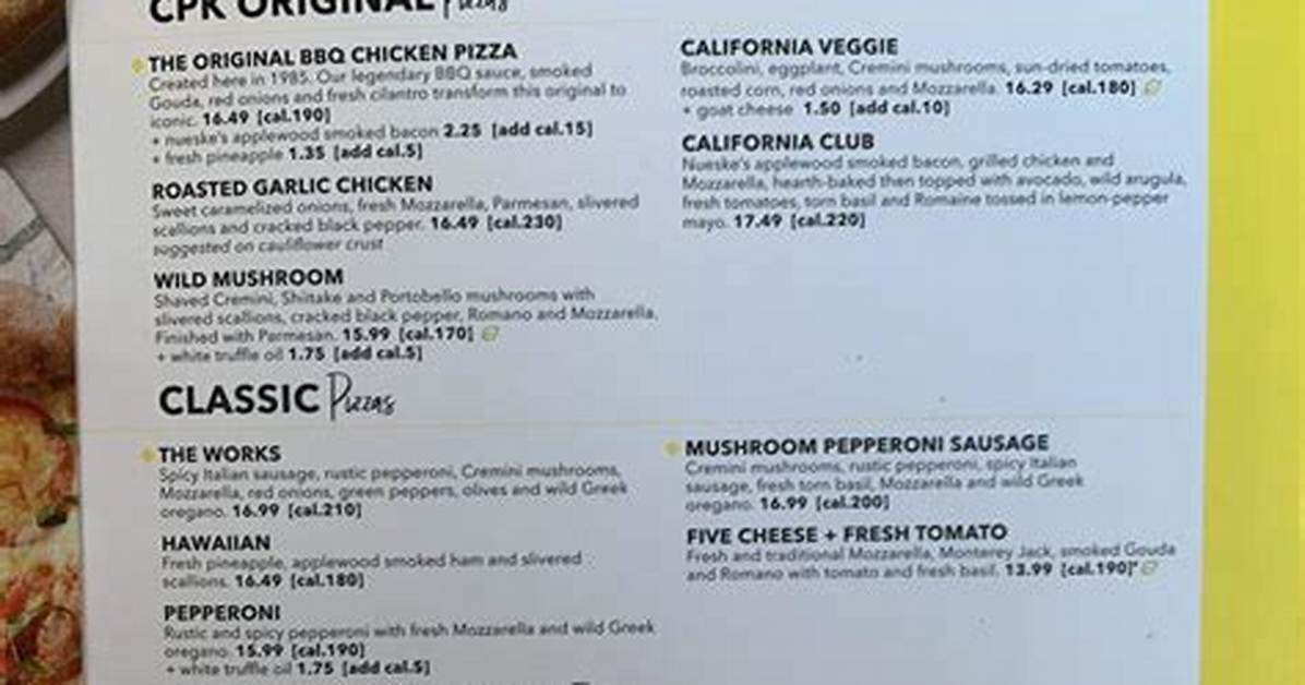 Dine in Menu | California Pizza Kitchen