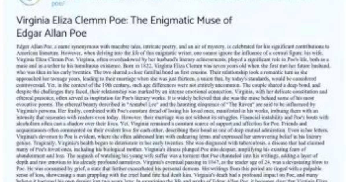 The Enigmatic Muse of Edgar Allan Poe: Virginia Clemm Poe